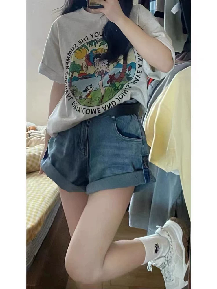 Thân hình quả lê, quần short denim viền cuốn dành cho nữ, cỡ lớn mùa hè, lưng cao, dáng rộng, che hông, giảm béo, quần ống rộng dáng chữ A