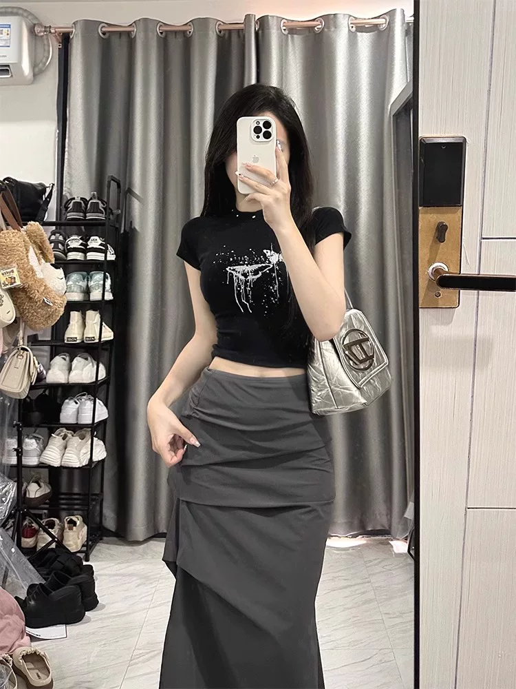 Váy công sở màu xám dành cho nữ, kiểu dáng mỏng mùa hè, cỡ lớn, lưng cao, xẻ tà, che bụng, giảm béo, váy bút chì dài vừa phải.