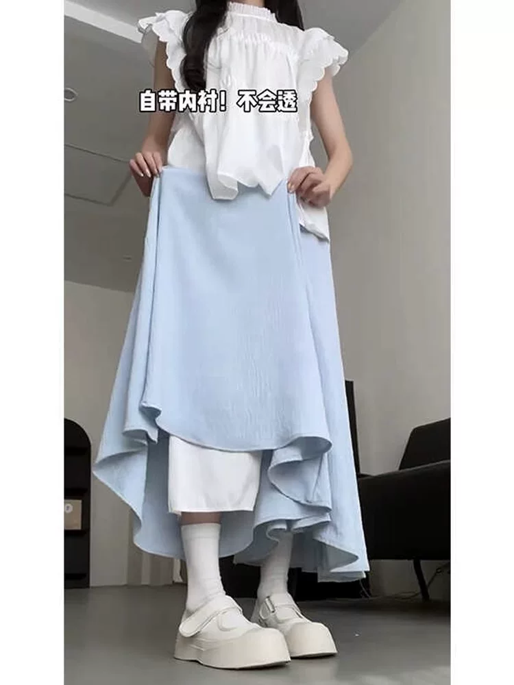 Quần culottes màu xanh dành cho nữ, mùa hè, cỡ lớn, lưng cao, che bụng, giảm béo, dáng quả lê, nhỏ nhắn, quần ống rộng thông thường