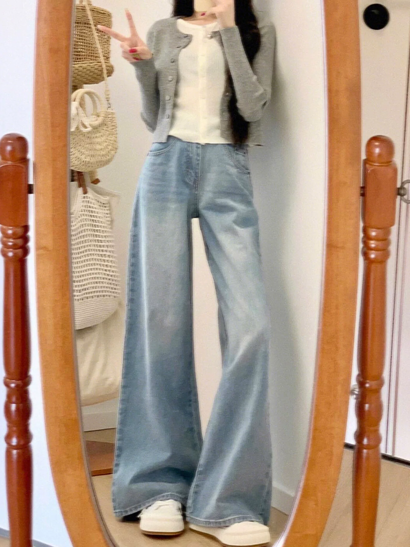 Quần jean ống rộng màu sáng cho nữ, kiểu dáng mùa thu mới, cỡ lớn, lưng cao, dáng rộng, giảm béo, dáng quả lê, quần ống thẳng