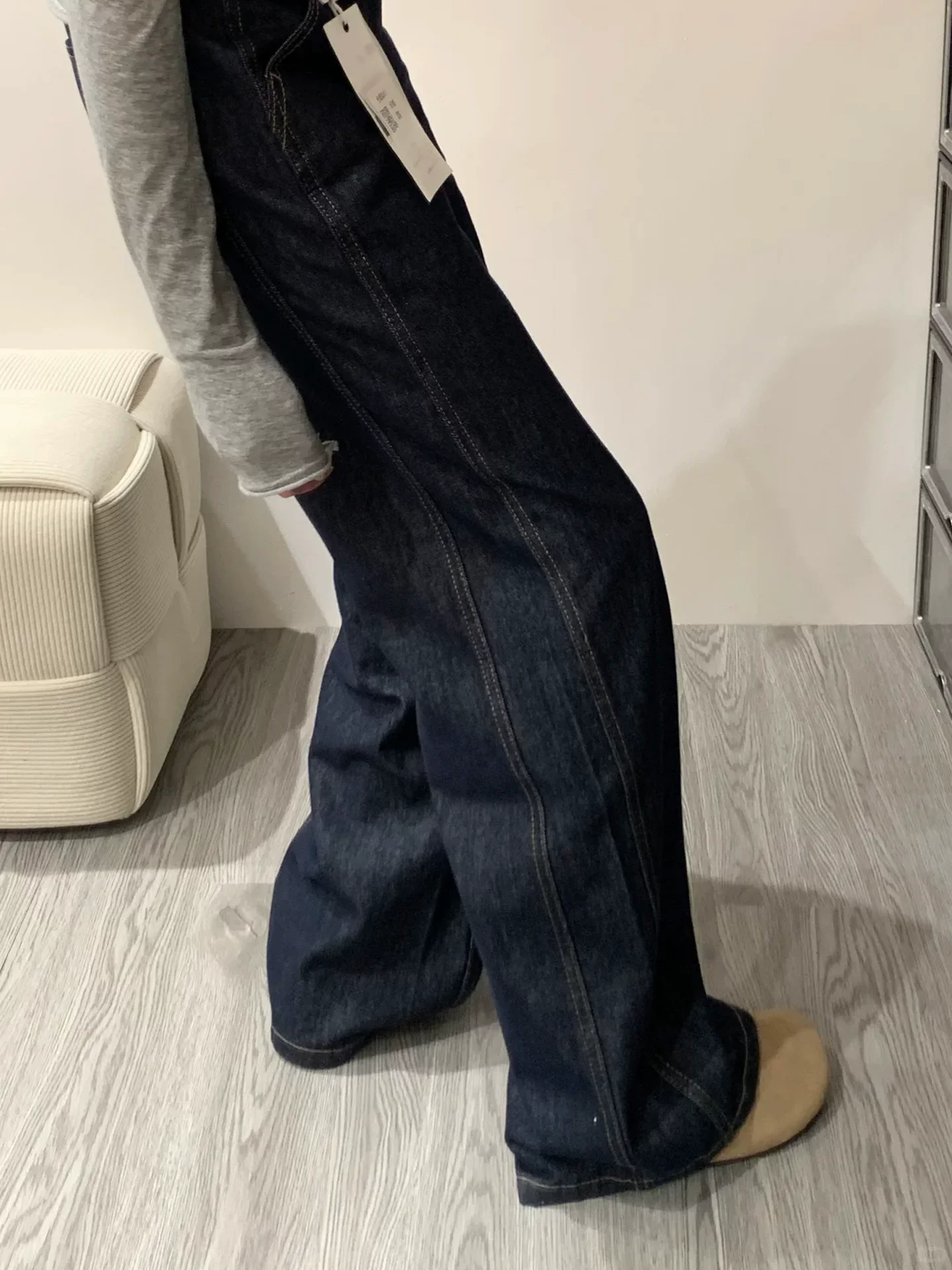 Quần jean ống đứng màu xanh denim dành cho nữ, mùa thu, cỡ lớn, lưng cao, che hông, giảm béo, dáng quả lê, quần ống rộng