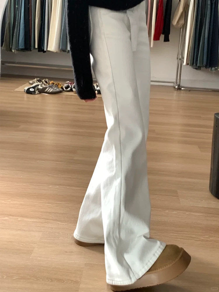 Quần jean ống loe màu trắng dành cho nữ, mùa thu đông, lót lông cừu, dày dặn, cỡ lớn, lưng cao, co giãn, che hông, giảm béo, quần ống chuông.