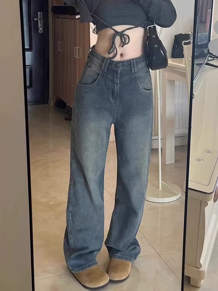 Quần jean ống thẳng họa tiết ngôi sao dành cho nữ, phong cách thu đông, cỡ lớn, lót lông cừu, dày dặn, cạp cao, che hông, giảm béo, quần ống rộng.