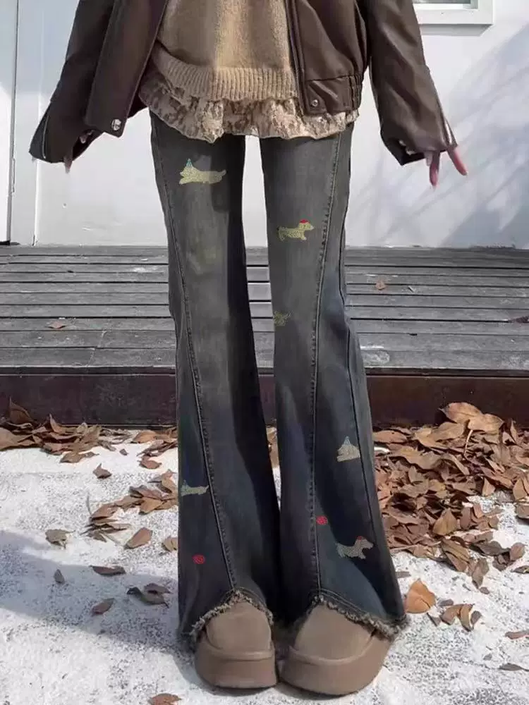 Quần jean ống loe kiểu Dachshund dành cho nữ, mùa thu đông, lót lông cừu, dày dặn, cỡ lớn, lưng cao, co giãn, quần ống loe thon gọn
