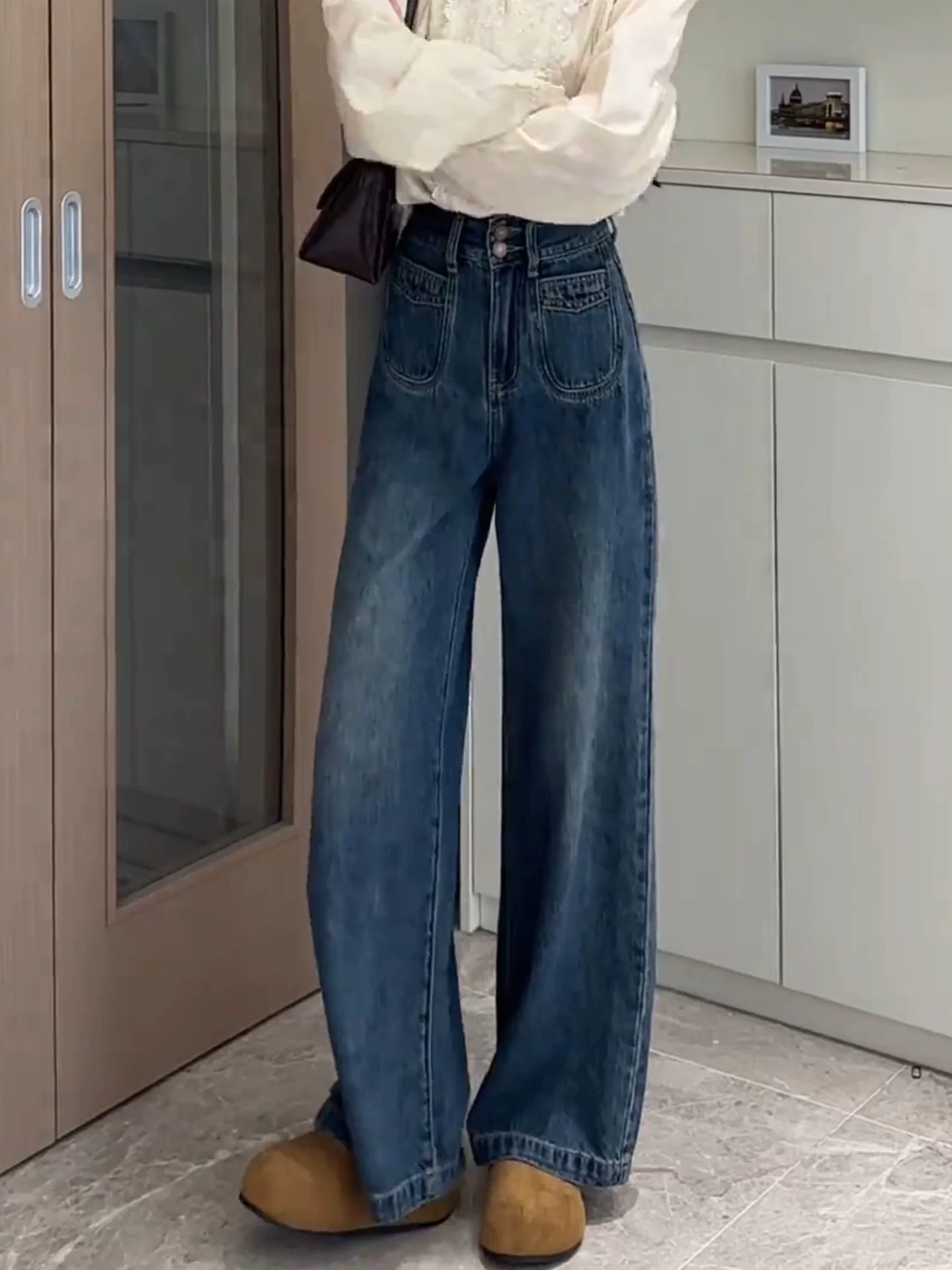 Quần jean ống rộng dày lót lông màu xanh cổ điển dành cho nữ, mùa thu đông, cỡ lớn, lưng cao, dáng rộng, dáng thon gọn, ống thẳng, quần dài đến sàn.