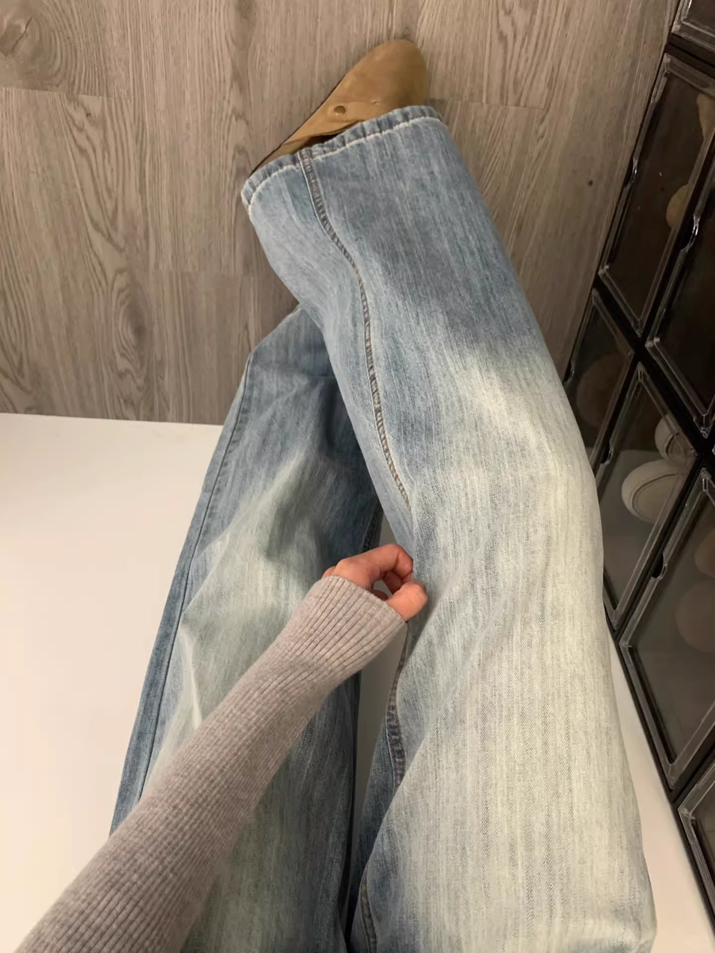 Quần jean ống thẳng kiểu Mỹ cổ điển dành cho nữ, phong cách đầu thu, cỡ lớn, lưng cao, dáng rộng, mềm mại, tôn dáng, ống rộng, quần dài chạm sàn