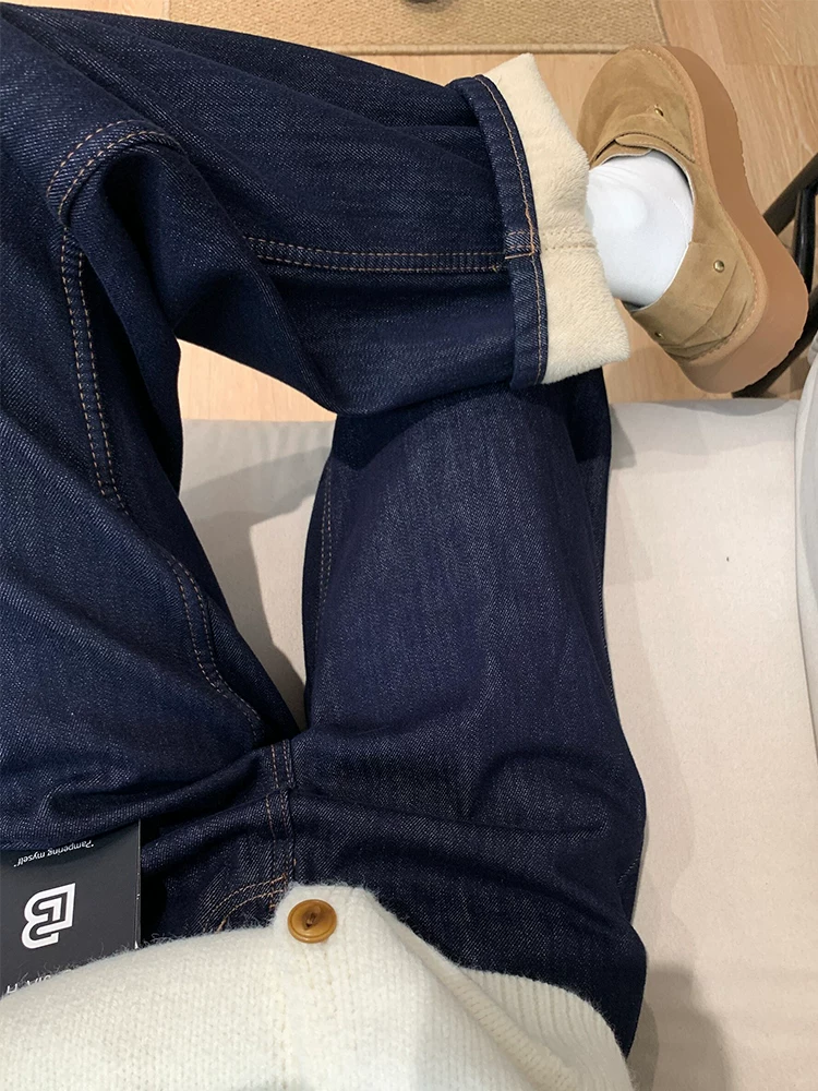 Quần jean ống đứng lót lông màu xanh đậm dành cho nữ, cỡ lớn, lưng cao, giảm béo, quần ống rộng rộng rãi, quần ấm mùa đông.