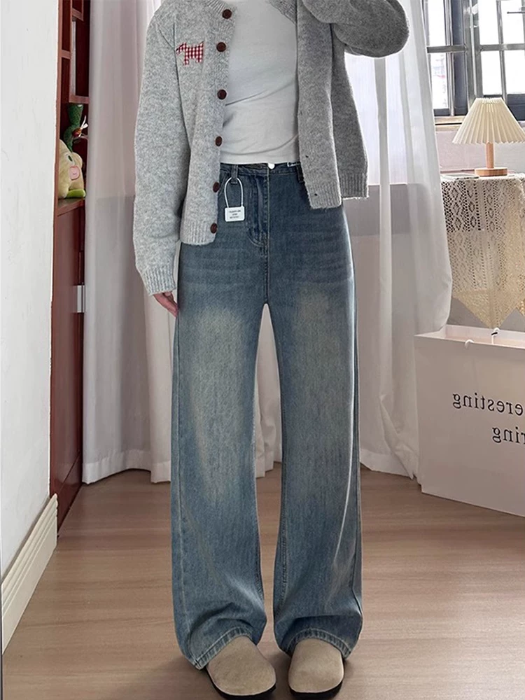 Quần jeans dáng chuông ống đứng cho nữ thu đông 2024, size lớn, cạp cao, rộng rãi, tôn dáng, ống rộng