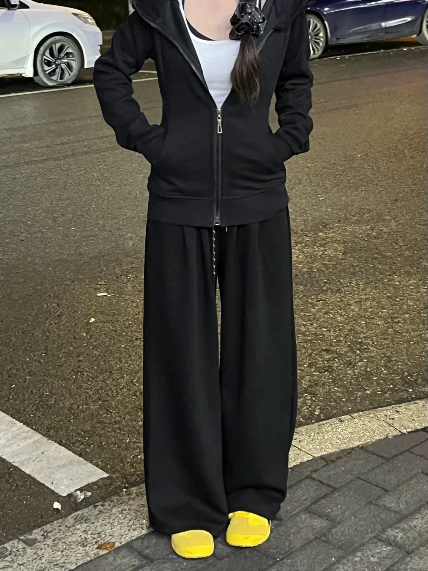 Quần âu lưng cao màu đen dành cho nữ, mùa thu, cỡ lớn, giảm béo, dáng quả lê, quần dài ống rộng