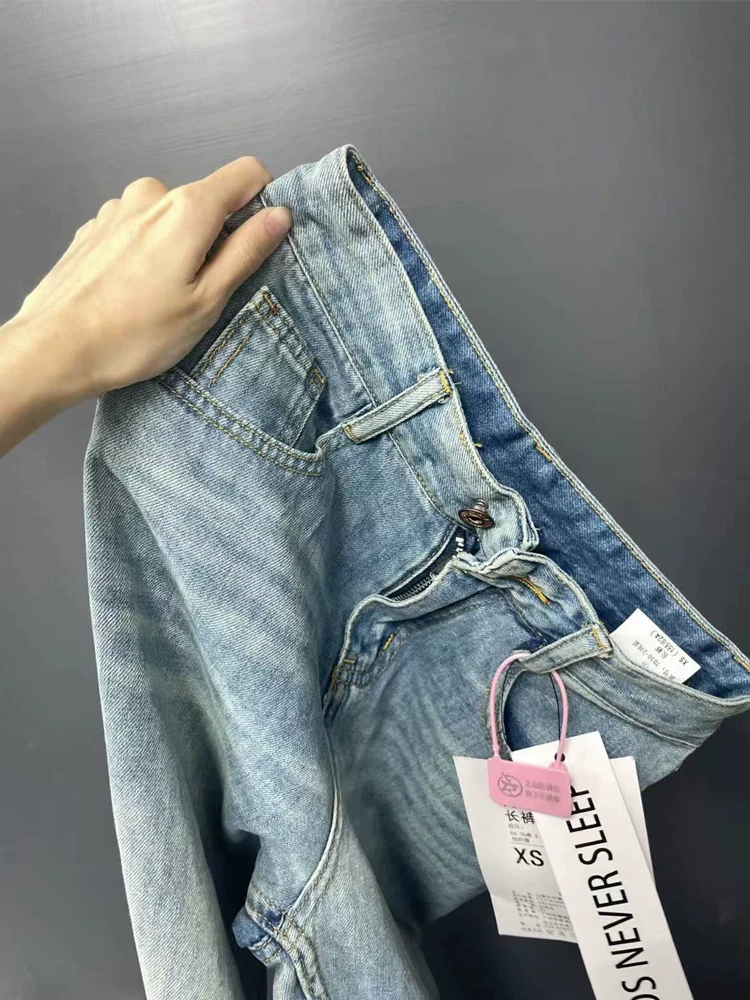 Quần jean ống đứng màu xanh nhạt dành cho nữ, cỡ lớn, kiểu dáng mới mùa xuân, lưng cao, dáng rộng, che hông, giảm béo, quần ống rộng hẹp