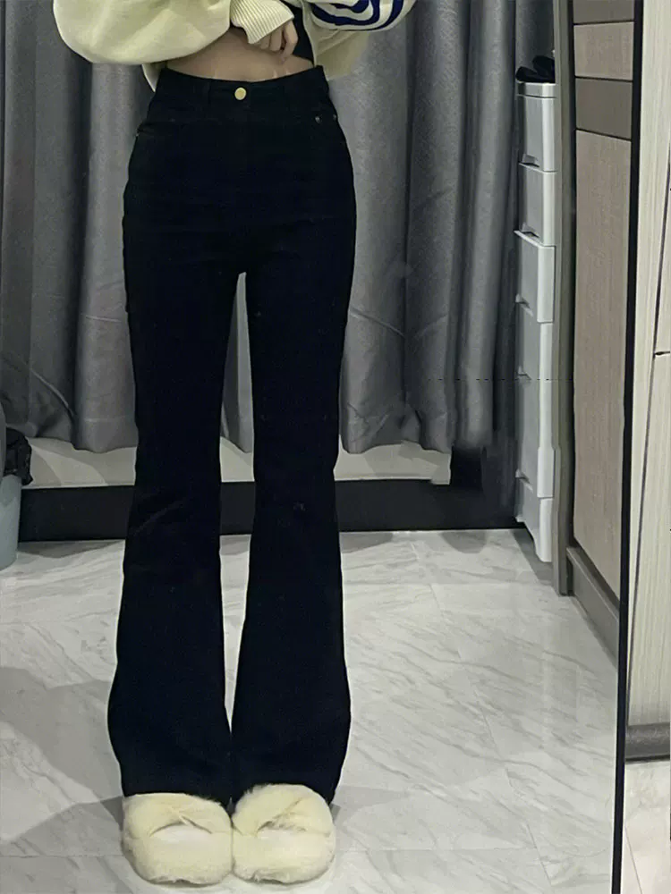 Quần jean đen ống loe dành cho nữ, phong cách đầu thu, cỡ lớn, lưng cao, tôn dáng, co giãn, dáng quả lê, quần ống loe.