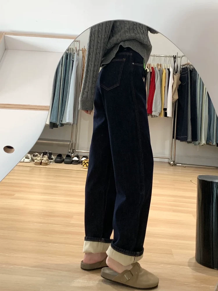 Quần jean ống đứng màu xanh đậm dành cho nữ, mùa thu đông, cỡ lớn, lót lông cừu, lưng cao, dáng rộng, dáng suông, ống rộng, quần dài chạm sàn.