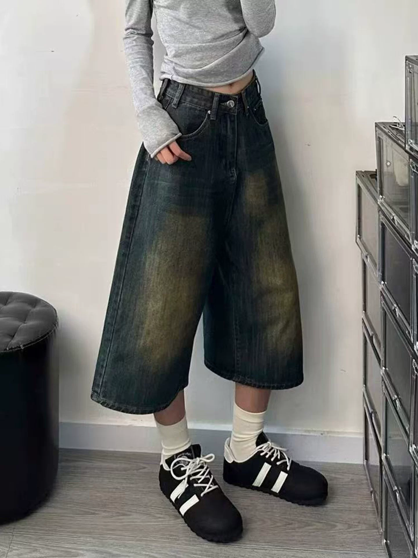 Quần short denim ống rộng kiểu Mỹ cổ điển dành cho nữ, cỡ lớn mùa hè, cạp cao, dáng rộng, tôn dáng, ống thẳng, quần dài vừa phải.