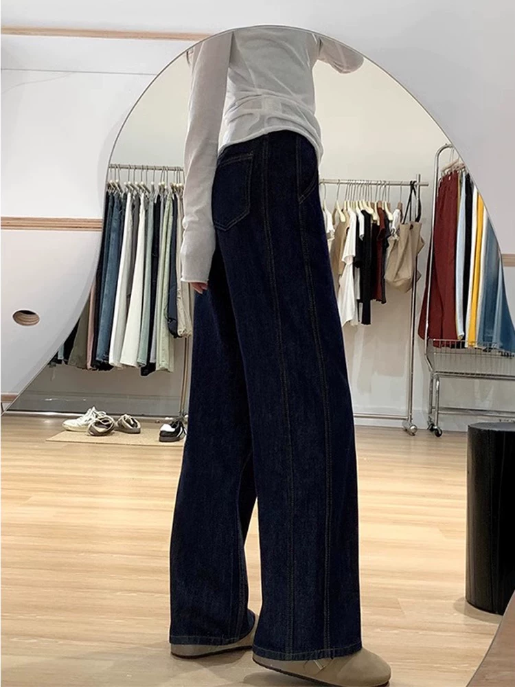 Quần jean ống thẳng màu xanh đậm dành cho nữ có thân hình quả lê, kiểu dáng mùa thu mới, cỡ lớn, lưng cao, dáng rộng, quần ống rộng giúp thon gọn.