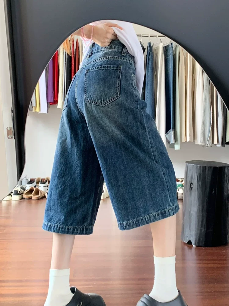 Quần short denim ba phần tư phong cách retro của Mỹ dành cho nữ, cỡ lớn mùa hè, lưng cao, dáng rộng, thon gọn, ống rộng, quần dài vừa phải.