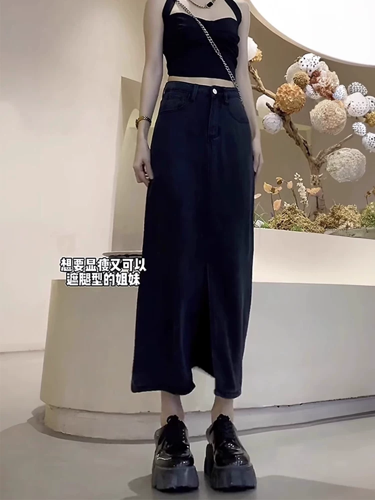 Váy Tencel xẻ tà hình quả lê dành cho nữ, kiểu dáng mỏng mùa hè, cỡ lớn, lưng cao, váy chữ A denim thon gọn.