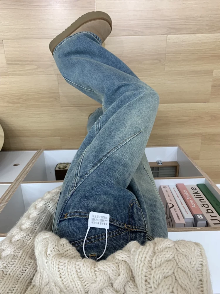 Quần jeans kiểu Mỹ cổ điển dáng scimitar dành cho nữ xuân 2025, size lớn, cạp cao, tôn dáng, ống rộng, dài chấm đất