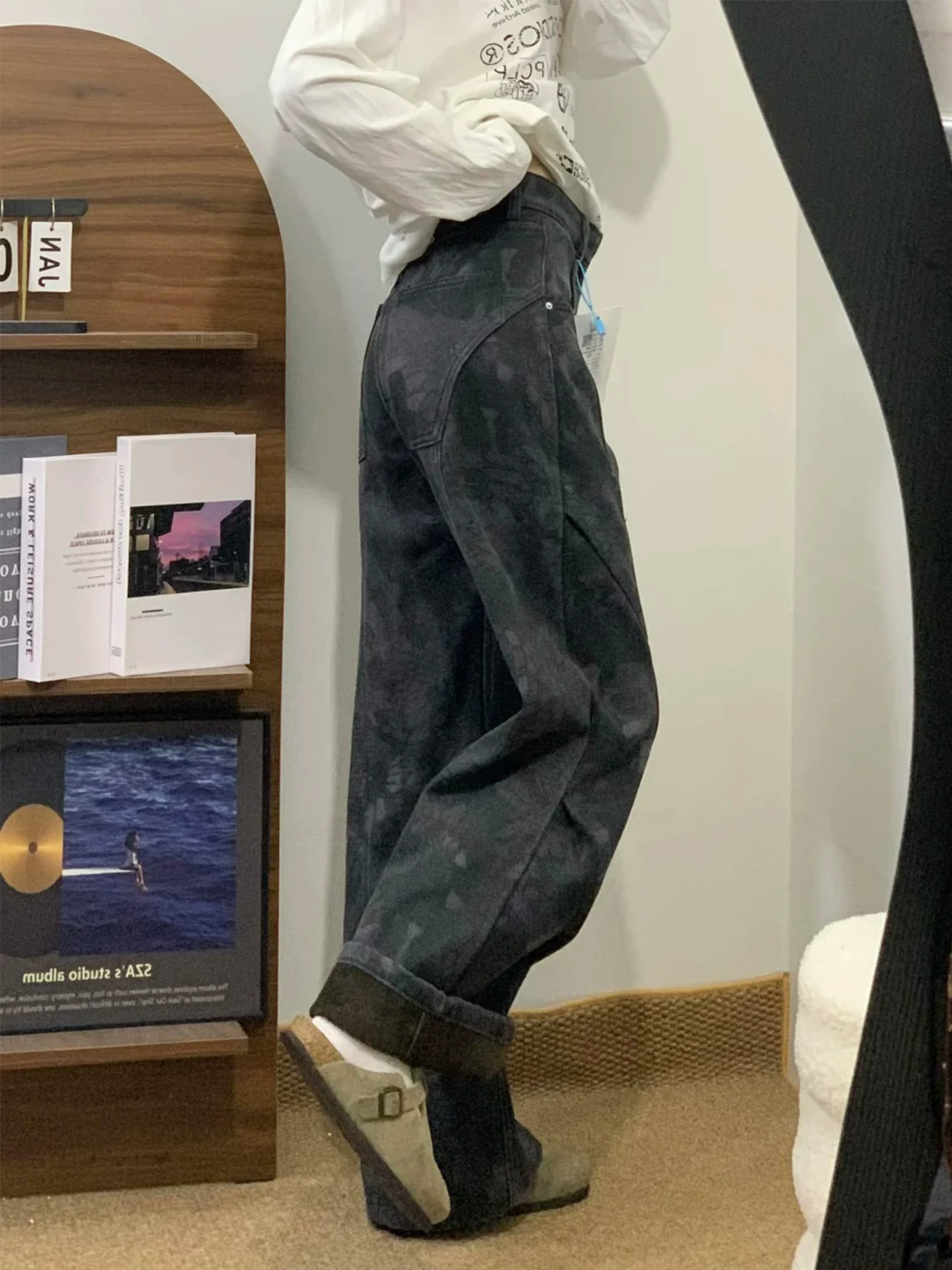 Quần jean dày có lót lông cừu cổ điển dành cho nữ, mùa thu đông, cỡ lớn, quần ống rộng, quần ống rộng, quần ống đứng cạp cao thon gọn.