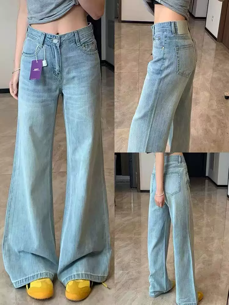 Quần jean Tencel xanh nhạt không bó sát dành cho nữ, cỡ lớn mùa hè, lưng cao, dáng rộng, tôn dáng, quần ống loe