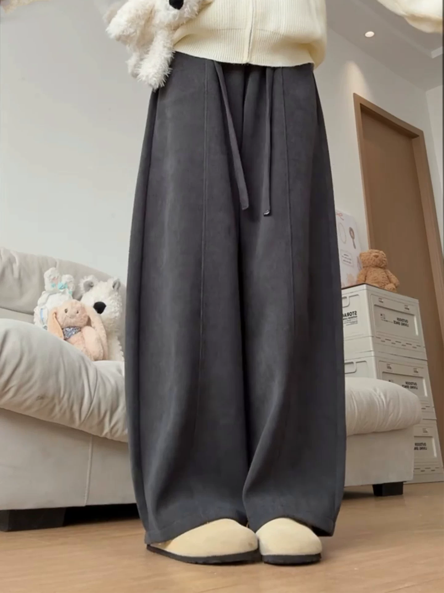 Quần ống cong thường ngày màu đen và xám dành cho nữ, mùa thu đông, cỡ lớn, lưng cao, giảm béo, quần chuối, quần ống rộng lót lông cừu.