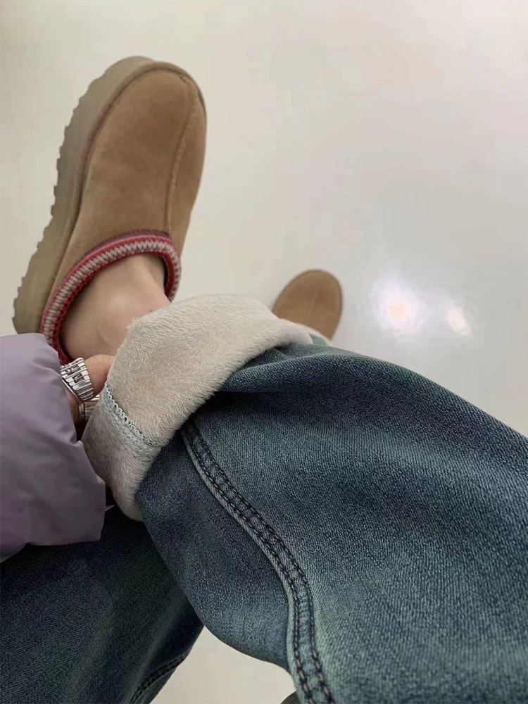 Quần jeans ống đứng dày dặn lót lông màu xanh cổ điển dành cho nữ, thu đông 2025, size lớn, cạp cao, dáng rộng, tôn dáng