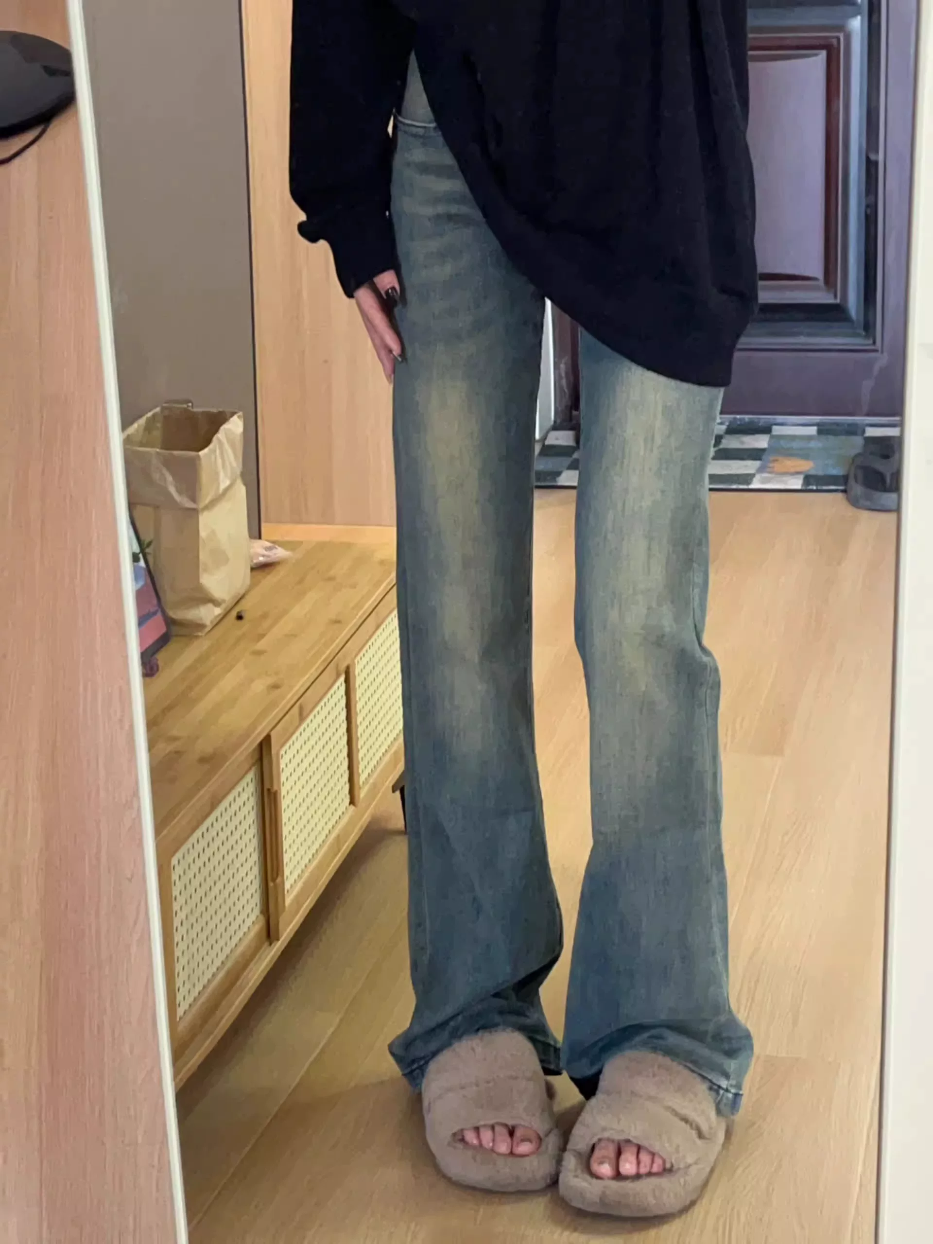 Quần jean ống loe thẳng màu xanh retro kiểu Mỹ dành cho nữ, lót lông cừu, dày dặn, cỡ lớn, cạp cao, co giãn, quần ống loe tôn dáng.