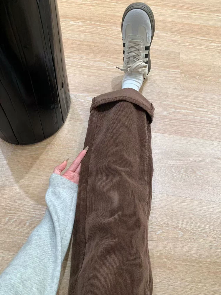 Quần ống rộng vải nhung dày lót lông cừu dành cho nữ, mùa thu đông, cỡ lớn, lưng cao, che hông, giảm béo, quần ống thẳng hẹp.