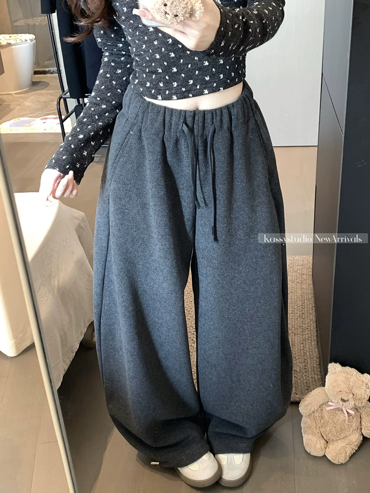 Quần ống rộng màu trắng nhạt dành cho nữ, lót lông cừu mùa đông, cỡ lớn, lưng cao, mềm mại, tôn dáng, dáng quả lê, quần ống rộng