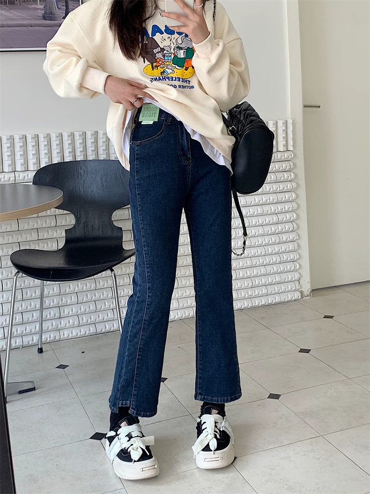 Quần jean dáng chuông nhỏ nhắn dành cho mùa thu đông, lót lông cừu, hơi mũm mĩm, cạp cao, che hông, quần ống đứng tôn dáng