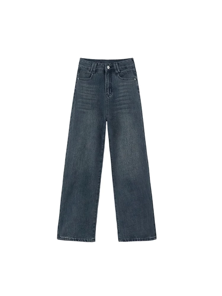 Quần jean ống thẳng màu xám xanh dành cho nữ, phong cách mới đầu thu, cỡ lớn, lưng cao, dáng rộng, che hông, giảm béo, quần dài ống rộng