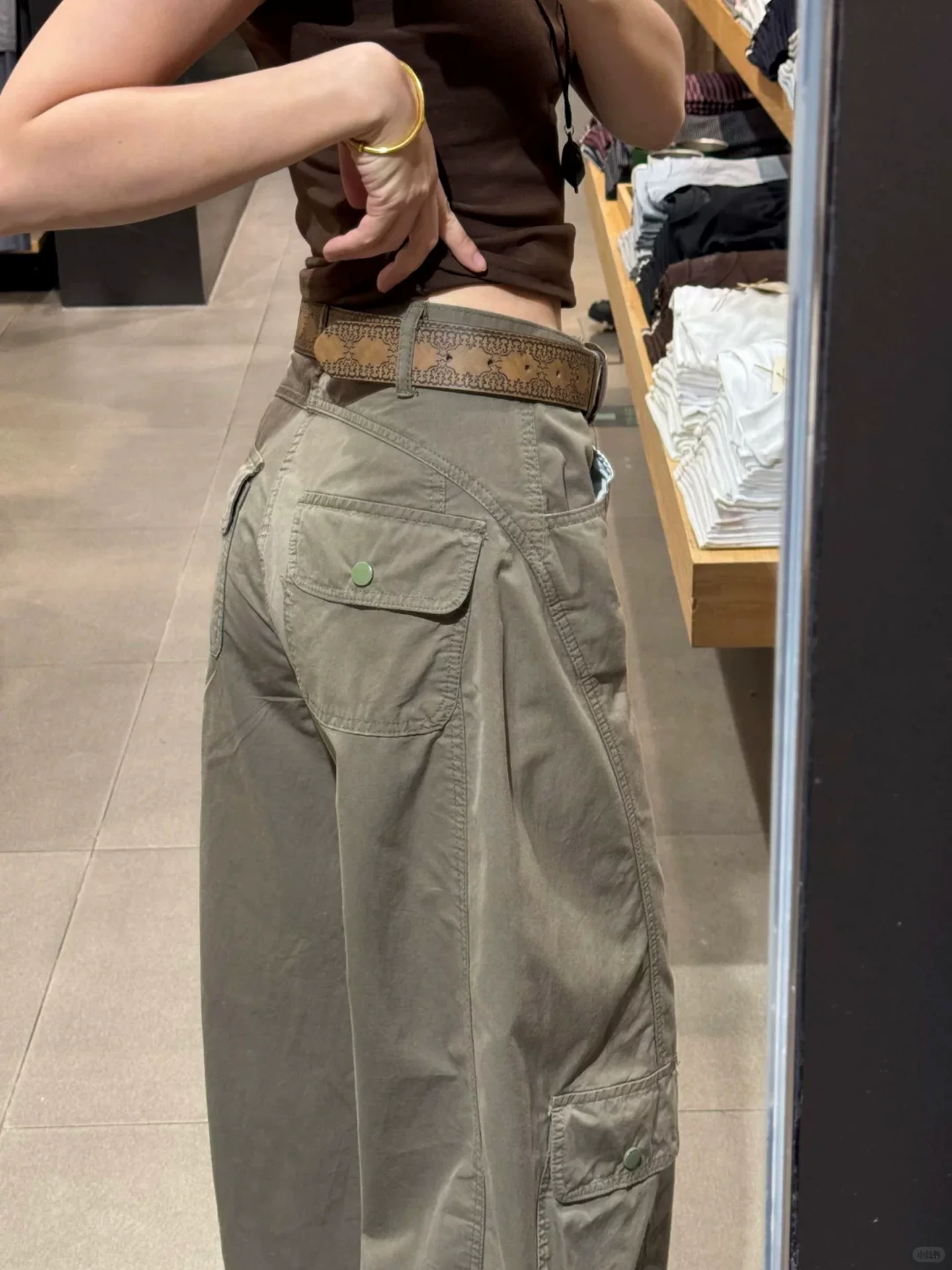 Quần cargo dáng lửng kiểu Mỹ dành cho nữ, mùa thu, cỡ lớn, lưng cao, dáng rộng, tôn dáng, nhỏ nhắn, quần ống rộng hình liềm