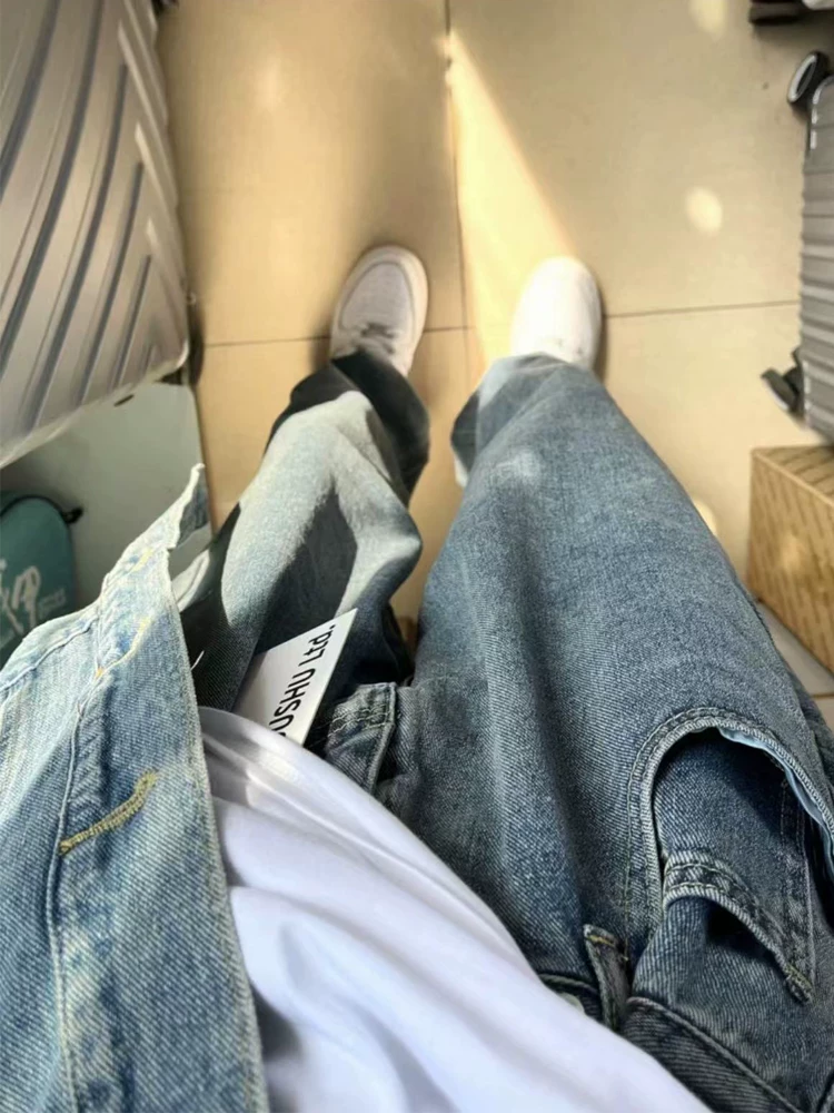 Quần jean ống đứng có thể điều chỉnh dáng quả lê dành cho nữ, cỡ lớn, mùa thu, lưng cao, dáng rộng, che hông, quần ống rộng giảm béo