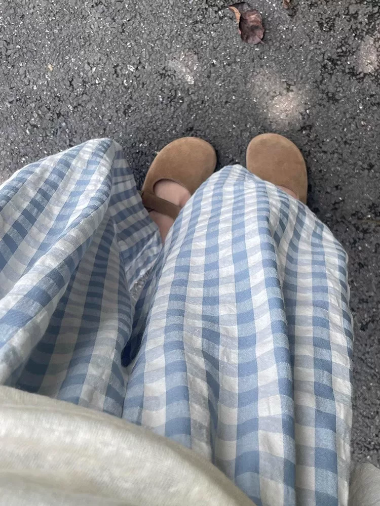 Quần Cloud quần thường ngày dành cho nữ, cỡ lớn mùa hè, quần kẻ sọc xanh dành cho phụ nữ nhỏ nhắn, quần cạp cao, quần ống rộng, quần ống rộng.