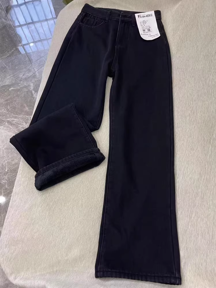 Quần jean ống đứng màu đen dành cho nữ, kiểu dáng thu đông mới, cỡ lớn, lót lông cừu, dày dặn, lưng cao, rộng rãi, tôn dáng, quần ống rộng.