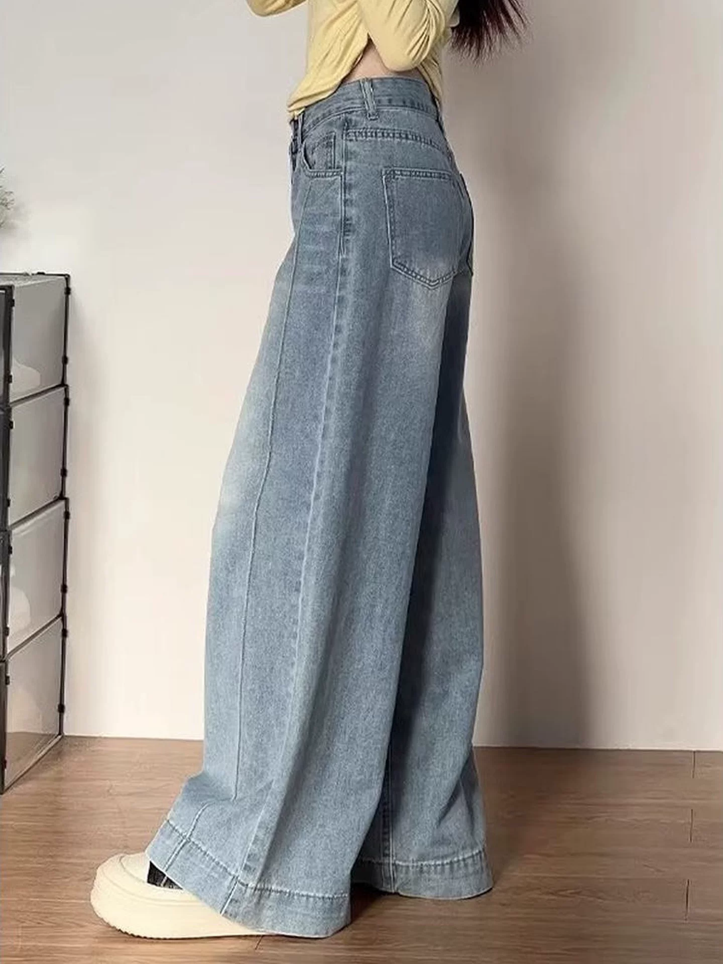 Quần jean ống rộng cổ điển dành cho nữ, phong cách mùa thu, cỡ lớn, lưng cao, dáng rộng, tôn dáng, dành cho người có dáng quả lê, ống thẳng, quần dài chạm sàn