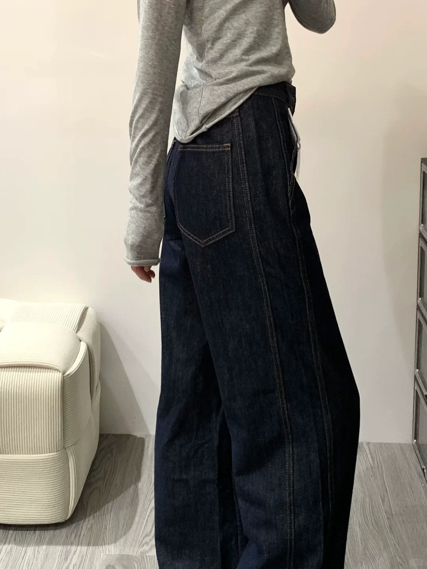 Quần jean ống đứng màu xanh denim dành cho nữ, mùa thu, cỡ lớn, lưng cao, che hông, giảm béo, dáng quả lê, quần ống rộng