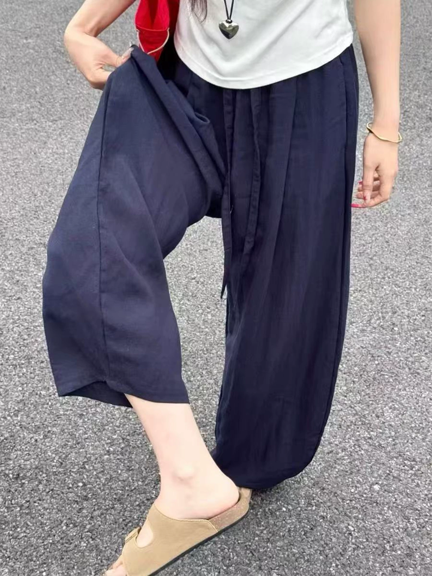 Quần vải lanh lụa băng dành cho nữ, kiểu dáng mỏng mùa hè, cỡ lớn, lưng cao, mềm mại, rộng rãi, tôn dáng, quần cotton-lanh dáng cong.