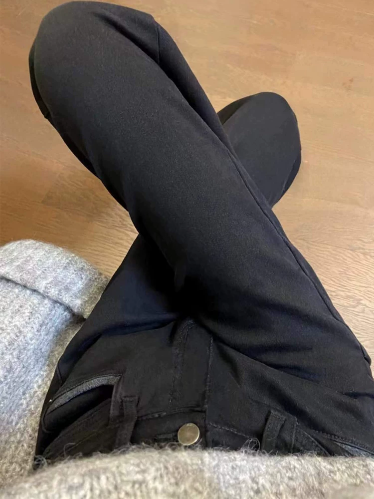 Quần jean ống đứng viền lượn sóng dành cho nữ, mùa thu, cỡ lớn, lưng cao, co giãn, che hông, giảm béo, dáng quả lê, quần ống thuốc lá, dài ngang mắt cá chân.