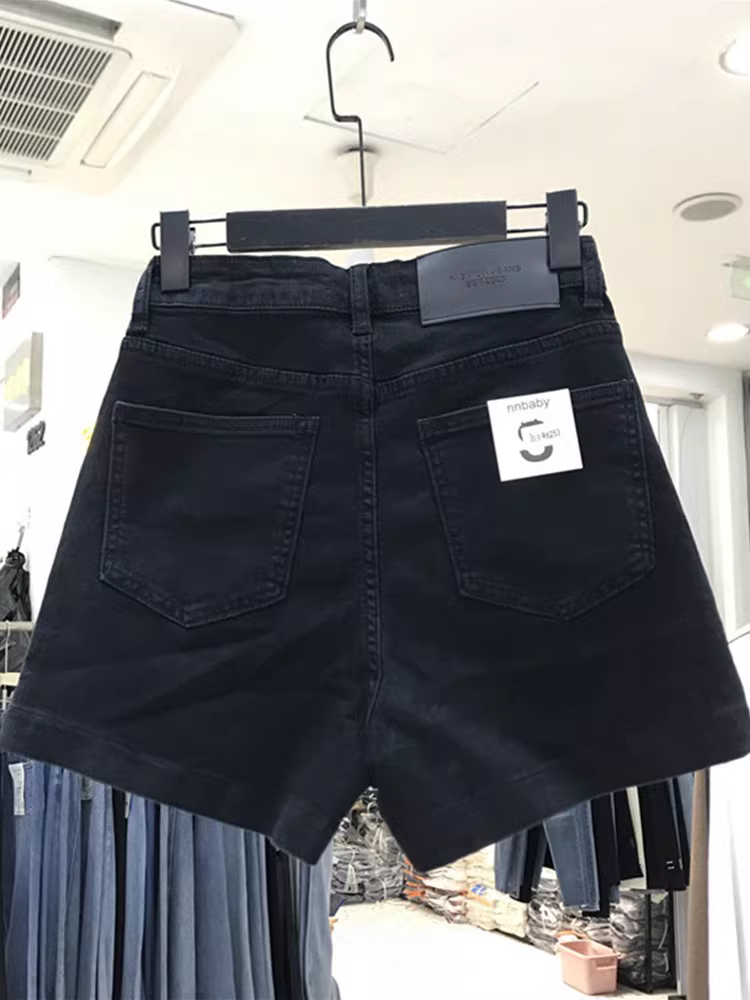 Quần short denim đen dáng quả lê dành cho nữ, kiểu dáng mỏng mùa hè, cỡ lớn, hơi mũm mĩm mm, lưng cao, quần ống rộng chữ A giảm béo