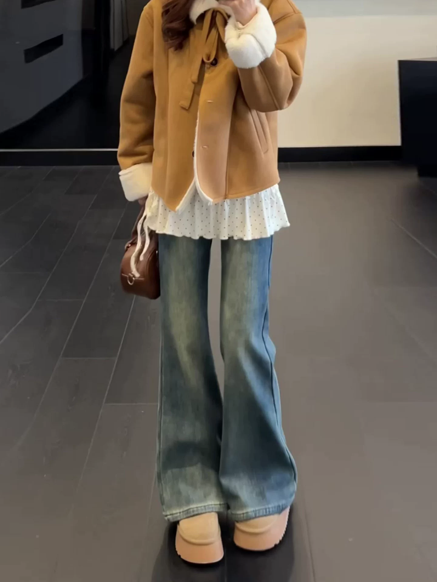 Quần jean ống đứng loe dành cho nữ, lót lông cừu mùa đông, dày dặn, cỡ lớn, cạp cao, co giãn, che hông, dáng quả lê, quần ống loe