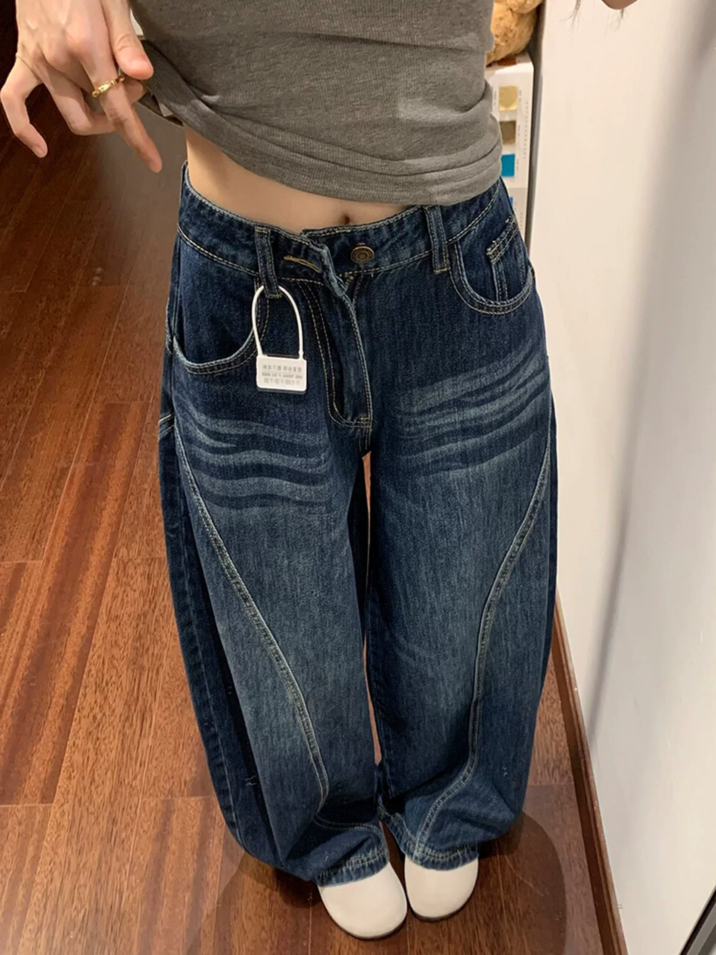 Quần jean kiểu cổ điển Mỹ dành cho nữ, phong cách đầu thu, cỡ lớn, lưng cao, dáng rộng, thon gọn, ống rộng, quần dài đến sàn