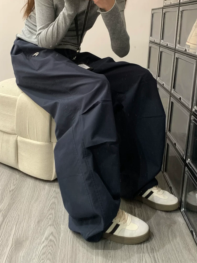 Quần cargo màu xanh hải quân dành cho nữ, mùa thu, cỡ lớn, lưng cao, dáng rộng, giảm béo, dáng quả lê, quần ống rộng thể thao thông thường