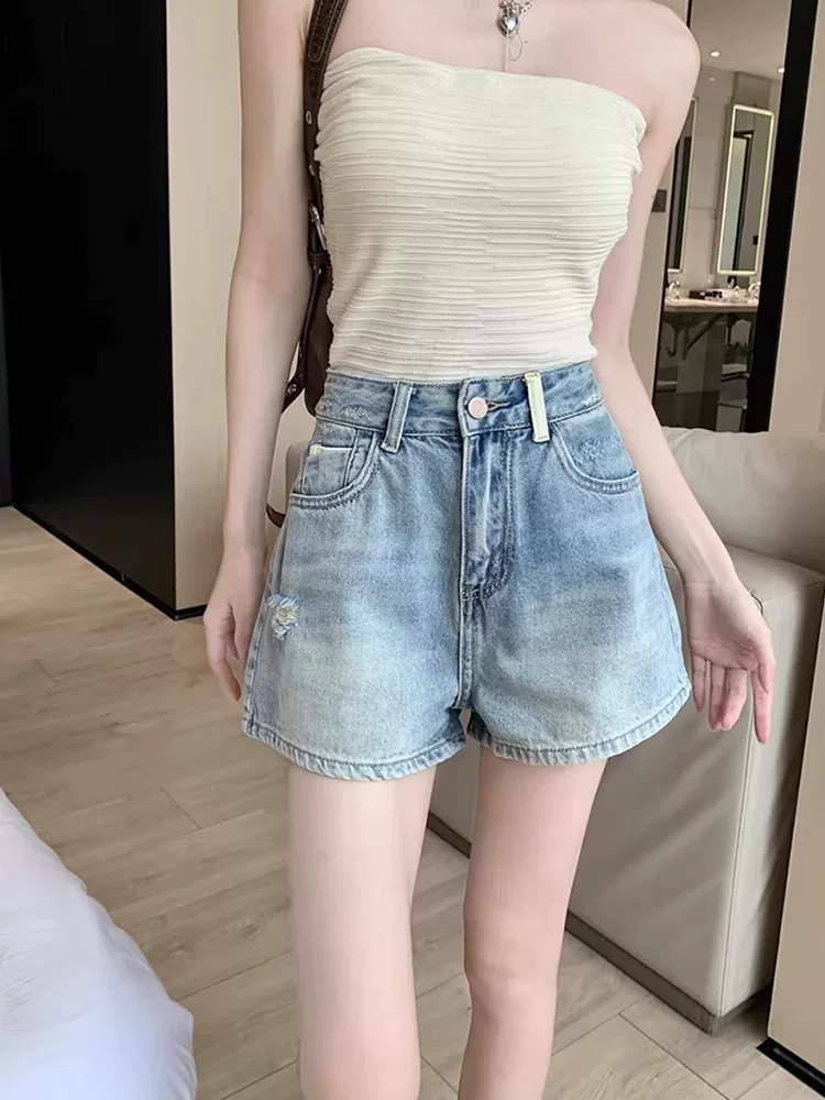 Quần short denim rách dáng quả lê dành cho nữ, size lớn mùa hè, cạp cao, tôn dáng, quần ống rộng dáng chữ A nhỏ nhắn, quyến rũ