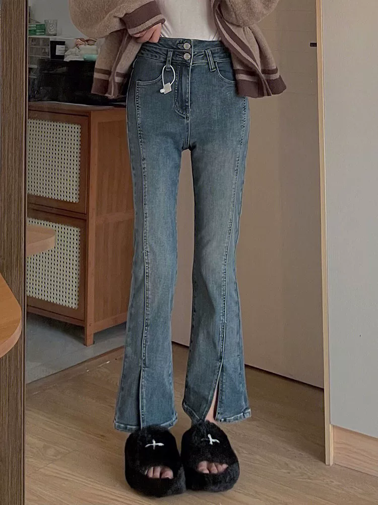 Quần jean xẻ tà hình quả lê dành cho nữ, phong cách đầu thu, cỡ lớn, lưng cao, giảm béo, co giãn, quần ống đứng.