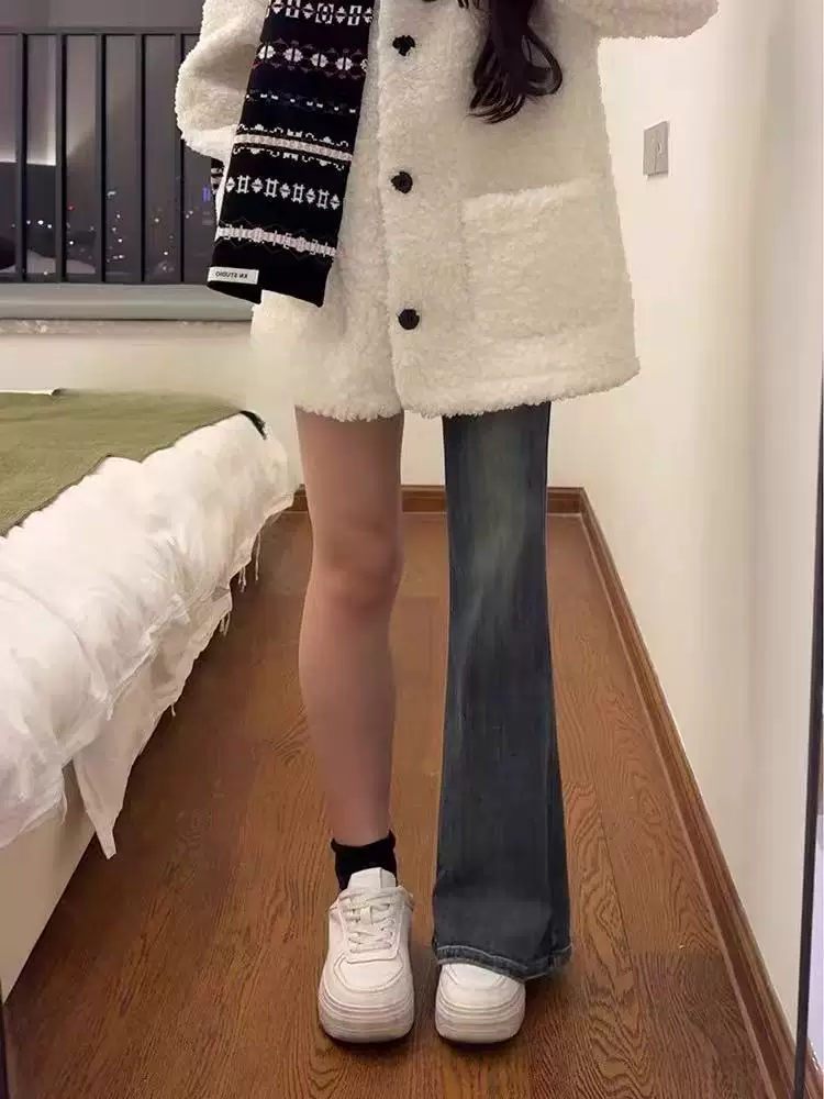 Quần jean bootcut màu xanh retro dành cho nữ mùa thu đông, lót lông cừu, size lớn, giúp thon gọn dáng người, cạp cao, co giãn, kiểu dáng chuông, phù hợp với dáng người quả lê