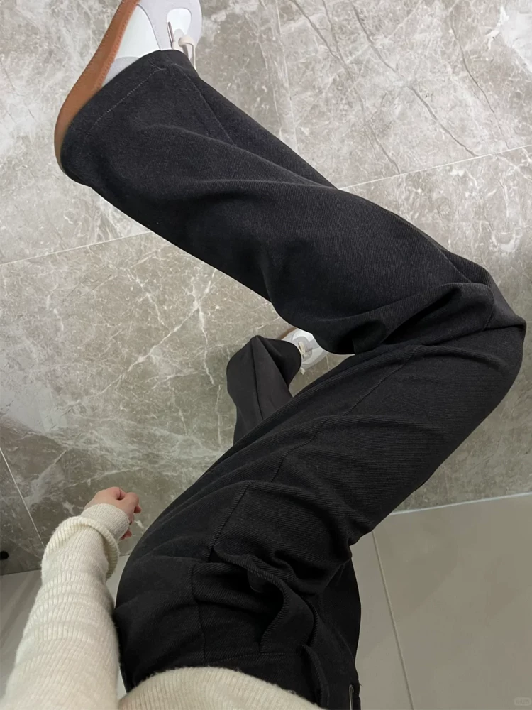 Quần âu len đen nữ thu đông 2024 kiểu mới, size lớn, cạp cao, che hông, dáng suôn, tôn dáng, ống rộng