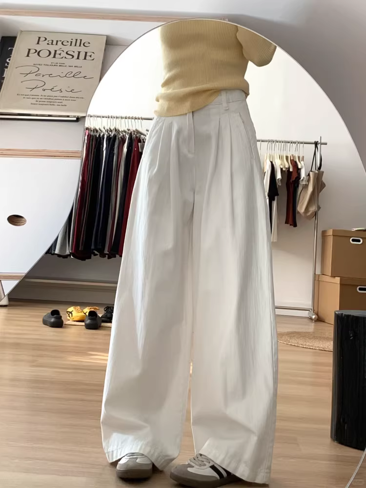 Quần ống rộng màu trắng có họa tiết thời thượng dành cho nữ năm nay, quần ống đứng dáng suông, cạp cao, tôn dáng, size lớn, mùa thu.