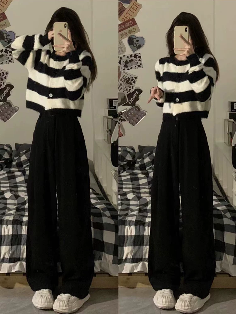 Quần tây đen nữ, kiểu thu mới, size lớn, cạp cao, dáng suôn, tôn dáng, quần thường ngày, dáng quả lê, quần ống rộng.