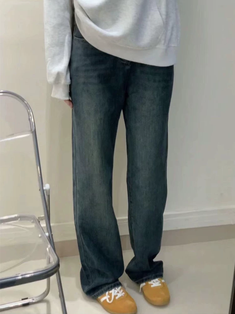 Quần jean ống rộng màu xanh cổ điển dành cho nữ, phong cách mùa thu mới, cỡ lớn, lưng cao, dáng rộng, giảm béo, dáng quả lê, quần ống thẳng