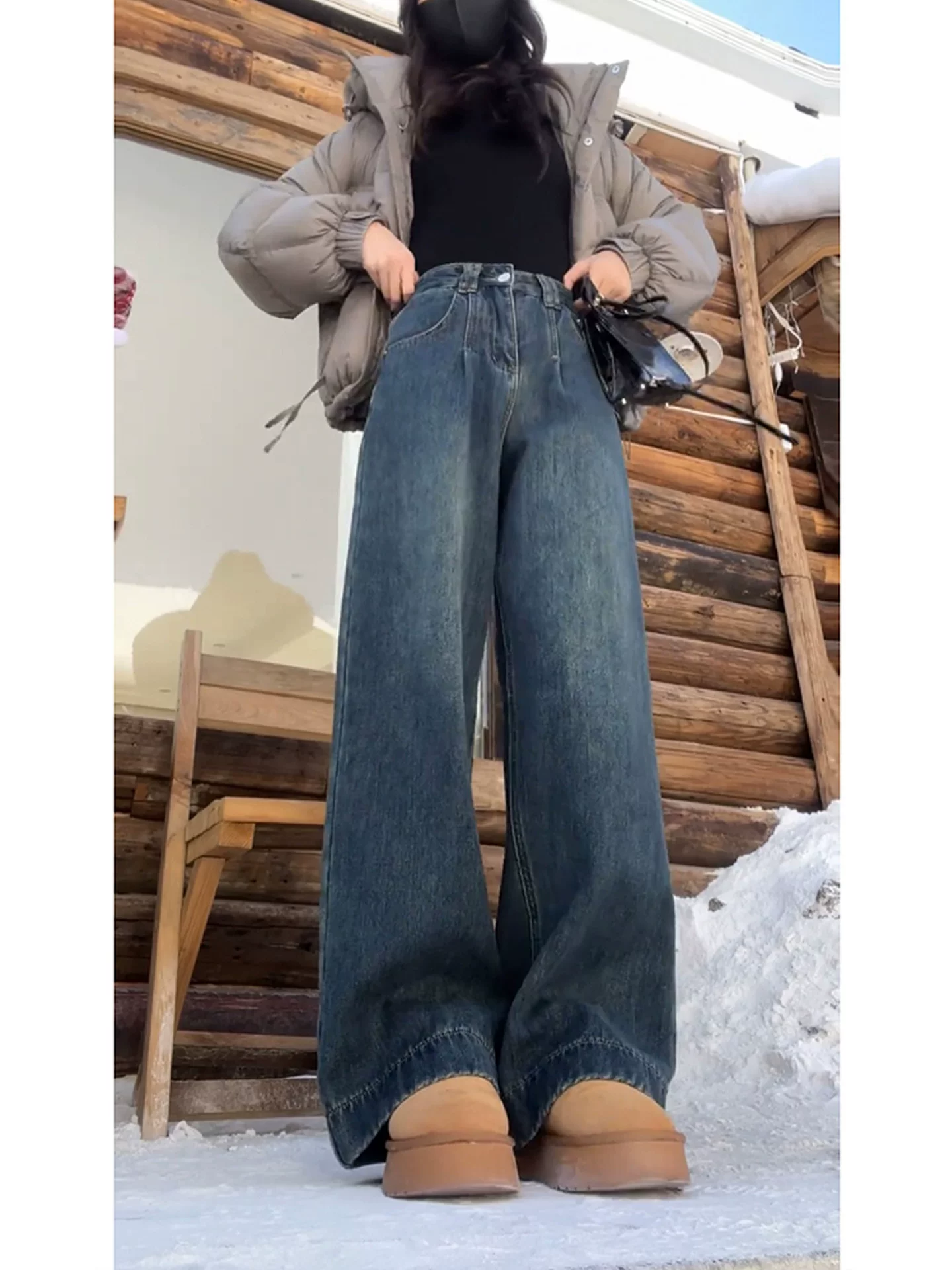 Quần jean ống thẳng dày lót lông cừu màu xanh cổ điển dành cho nữ, mùa thu đông, cỡ lớn, dáng quả lê, quần ống rộng cạp cao, giảm béo